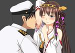  1girl admiral_(kantai_collection) ahoge arm_behind_head armpit_licking bare_shoulders blush brown_hair detached_sleeves grey_background hairband hat highres japanese_clothes kantai_collection kongou_(kantai_collection) kuroame_(kurinohana) licking long_hair military military_uniform nontraditional_miko one_eye_closed simple_background tongue translation_request uniform 