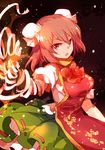  bandages bun_cover double_bun flower ibaraki_kasen looking_at_viewer open_mouth red_eyes red_flower red_hair red_rose rose solo tabard touhou yetworldview_kaze 