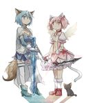  animal_ears armband blue_eyes blue_hair bow bow_(weapon) cape cat cat_ears dog_ears dog_tail gloves gmork hair_bow kaname_madoka mahou_shoujo_madoka_magica mahou_shoujo_madoka_magica_online miki_sayaka multiple_girls pink_eyes pink_hair short_twintails skirt smile soul_gem sword tail thighhighs twintails weapon wings zettai_ryouiki 