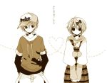  1boy 1girl animal_print anzu_(o6v6o) baseball_cap bow brother_and_sister hair_between_eyes hair_bow hands_on_hips hat hat_writing heart hood hood_down hoodie kagamine_len kagamine_rin long_sleeves monochrome overalls plaid plaid_overalls polka_dot polka_dot_bow pom_pom_(clothes) print_shirt sepia shirt short_hair short_over_long_sleeves short_sleeves siblings side_braids translation_request twins vocaloid 