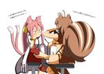  animal_ears antenna_hair barefoot black_legwear blazblue blush breasts brown_hair candy capri_pants cat_ears chin_rest commentary_request constricted_pupils crossed_legs food glasses highres kokonoe large_breasts lollipop long_hair makoto_nanaya microskirt mirano multiple_girls multiple_tails pants pink_hair red_eyes red_pants semi-rimless_eyewear shirt_lift short_hair sitting skirt small_breasts squirrel_ears squirrel_tail sweatdrop tail thighhighs translation_request two_side_up under-rim_eyewear underboob 