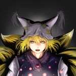  bad_id bad_pixiv_id black_background blonde_hair fangs fox_tail gradient gradient_background green_(midoriryuu) hat highres light_particles looking_at_viewer multiple_tails open_mouth pillow_hat short_hair simple_background solo tabard tail touhou upper_body yakumo_ran yellow_eyes 