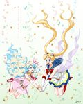  :d bare_legs belt bishoujo_senshi_sailor_moon blonde_hair blue_eyes blue_hair blue_sailor_collar boots bow brooch choker crossover double_bun elbow_gloves floral_background full_body gloves hair_ornament hairpin highres holding_hands ike_(eun2ke) jewelry knee_boots long_hair magical_girl multicolored multicolored_clothes multicolored_eyes multicolored_hair multicolored_skirt multiple_girls necktie nia_teppelin open_mouth pink_eyes pink_skirt pleated_skirt red_bow red_footwear red_neckwear sailor_collar sailor_moon sailor_senshi_uniform shoes skirt smile super_sailor_moon symbol-shaped_pupils tengen_toppa_gurren_lagann tsukino_usagi twintails two-tone_hair very_long_hair white_gloves white_hair 