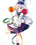  bad_id bad_twitter_id blue_legwear bow bowtie dish fang hat hat_ribbon kneehighs long_hair long_sleeves mononobe_no_futo nr_(cmnrr) open_mouth pom_pom_(clothes) ponytail ribbon shirt silver_hair simple_background skirt smile solo standing standing_on_one_leg tate_eboshi touhou white_background wide_sleeves 