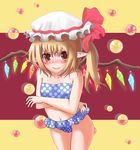  absurdres afterimage alternate_costume bikini bikini_skirt blonde_hair blush chainmon crossed_arms embarrassed fang fang_out flandre_scarlet full-face_blush hat hat_ribbon highres looking_at_viewer mob_cap navel orb parted_lips pointy_ears polka_dot polka_dot_bikini polka_dot_swimsuit red_eyes ribbon short_hair side_ponytail slit_pupils solo swimsuit touhou two-tone_background wings 