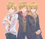  2boys blonde_hair blue_eyes breasts cosplay fare harry_potter highres hogwarts_school_uniform kingdom_hearts kingdom_hearts_birth_by_sleep kingdom_hearts_ii medium_hair multiple_boys namine roxas smile ventus 