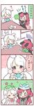  2girls 4koma \o/ ^_^ animal_ears arms_up bunny_ears bunny_hair_ornament closed_eyes comic commentary_request cushion detached_sleeves gloom_(expression) hair_ornament half_updo kodomo_no_hi multiple_girls origami original outstretched_arms paper_hat paper_kabuto purple_eyes red_hair saku_usako_(rabbit) table translated twintails white_hair |_| 