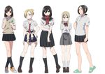  annie_leonhardt black_hair black_legwear blonde_hair blue_eyes bow bowtie brown_eyes brown_hair christa_renz clothes_around_waist contemporary eating freckles kneehighs loafers mikasa_ackerman multiple_girls musco necktie pleated_skirt ponytail sandals sasha_braus scarf school_uniform shingeki_no_kyojin shoes short_hair skirt sneakers socks sweater_around_waist sweater_vest ymir_(shingeki_no_kyojin) 