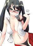  aqua_eyes arm_support bad_id bad_pixiv_id bespectacled black_hair black_panties blush breasts cleavage glasses hair_between_eyes hair_ribbon isuzu_(kantai_collection) kantai_collection large_breasts long_hair looking_at_viewer navel nekobaka open_clothes panties ribbon solo twintails underwear 