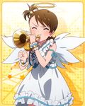  &gt;_&lt; angel angel_wings artist_request brown_hair bugle closed_eyes dress futami_ami halo idolmaster idolmaster_(classic) idolmaster_million_live! instrument official_art short_hair side_ponytail solo trumpet wings yellow_background 