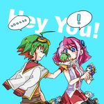  1girl ahoge blue_eyes blush character_doll choker closed_eyes goggles goggles_on_head green_hair hand_puppet hiiragi_yuzu jacket_on_shoulders kotsu_masumi multicolored_hair necktie pink_hair puppet red_hair sakaki_yuuya school_uniform serena_(yuu-gi-ou_arc-v) shiun'in_sora sitting sleeveless sweatdrop thighhighs two-tone_hair yaeno567 yuu-gi-ou yuu-gi-ou_arc-v yuugo_(yuu-gi-ou_arc-v) yuuto_(yuu-gi-ou_arc-v) zettai_ryouiki 