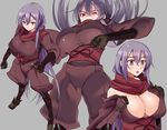  bare_shoulders breasts commentary_request dragon_yukano gloves grey_background huge_breasts japanese_clothes large_breasts long_hair ninja_slayer open_mouth purple_eyes purple_hair scarf sweat takara_joney vambraces very_long_hair weapon 