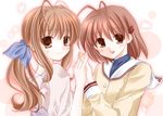  amaguri_maron apron brown_eyes brown_hair clannad furukawa_nagisa furukawa_sanae hikarizaka_private_high_school_uniform long_hair mother_and_daughter multiple_girls ponytail school_uniform short_hair 