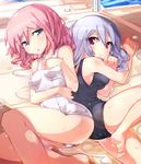  back-to-back blue_eyes blue_hair copyright_request look-alike lying multiple_girls on_side one-piece_swimsuit ooyama_kina pink_hair red_eyes school_swimsuit swimsuit wet white_school_swimsuit white_swimsuit 