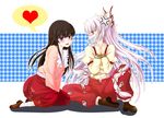  bdsm black_hair bondage bound bow creamy_mamiwo fujiwara_no_mokou gag gagged hair_bow hair_ribbon heart houraisan_kaguya long_hair multiple_girls red_eyes ribbon silver_hair suspenders touhou 