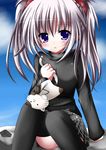  blue_eyes cat long_hair primula shuffle! silver_hair solo stuffed_animal stuffed_cat stuffed_toy t_(dyuhuhudyukusi) thighhighs twintails 