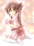  :t bad_id bad_pixiv_id blush brown_eyes brown_hair child copyright_request dress from_behind gift hair_ribbon kneehighs looking_back maruki_(punchiki) ribbon side_ponytail sitting socks solo wariza 