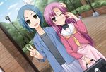  bindi blue_hair brown_eyes dutch_angle hayate_no_gotoku! kadou katsura_hinagiku katsura_yukiji multiple_girls one_eye_closed purple_hair school_uniform short_hair siblings sisters v 