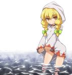  blonde_hair braid final_fantasy final_fantasy_tactics hair_over_shoulder hood sasamashin smile solo twin_braids wading water white_mage white_mage_(fft) yellow_eyes 