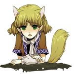  animal_ears arm_support blonde_hair cat_ears cat_tail extra_ears fang green_eyes hands mizuhashi_parsee open_mouth pointy_ears riinu_(ir-n) sketch solo tail touhou 
