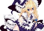  alternate_costume bad_id bad_pixiv_id blonde_hair blue_eyes blush braid fingerless_gloves frills gathers gloves hat kirisame_marisa no_panties ribbon solo thighhighs tm touhou wavy_hair witch_hat 