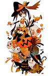  arancia bad_id bad_pixiv_id bat broom candy food fruit ghost halloween harikamo hat jack-o'-lantern navel orange orange_(color) orange_skirt original pumpkin skirt solo thighhighs twintails witch_hat 