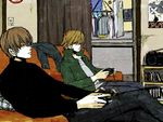  artist_request blonde_hair brown_hair game_console jounouchi_katsuya kaiba_seto male_focus multiple_boys non-web_source playing_games playstation_2 sony video_game yuu-gi-ou yuu-gi-ou_duel_monsters 