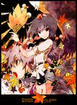  animal_ears black_hair black_wings english hat hauchiwa highres ichizen_(o_tori) inubashiri_momiji leaf-pattern_stripe multiple_girls red_eyes shameimaru_aya short_hair silver_hair skirt tokin_hat touhou wings wolf_ears 