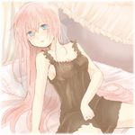  bangs bed blue_eyes blush breasts chemise cleavage frilled_pillow frills long_hair medium_breasts megurine_luka nightgown pillow pink_hair solo vocaloid yoshioka_mitsuko 