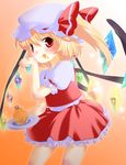  blonde_hair cupcake flandre_scarlet food food_on_face hat one_side_up ponytail red_eyes shige_(st-k) short_hair solo touhou wings 
