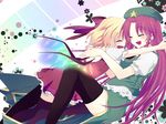  bad_id bad_pixiv_id blonde_hair flandre_scarlet hair_ribbon hat hong_meiling hug kanaritu multiple_girls red_hair ribbon thighhighs touhou wings 