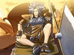  dragon grey_hair grin guilty_gear huge_weapon kliff_undersn male_focus manly official_art shorts shoulder_pads sitting smile solo weapon wings younger 