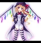  bad_id bad_pixiv_id blonde_hair elbow_gloves flandre_scarlet garter_belt gisyo gloves red_eyes solo striped striped_legwear thighhighs touhou wings 