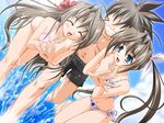  arm_hug bikini blue_eyes brown_hair closed_eyes dutch_angle game_cg miyase_megumi miyase_yutaka multiple_girls non-web_source splashing swimsuit twintails wading yakimochi_twinbell yamino_kenji 