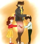  2boys b-saku brothers child closed_eyes commentary_request domon_kasshu g_gundam gift gundam happy kyouji_kasshu multiple_boys petting rain_mikamura siblings valentine younger 