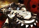  640mb armor chainsaw crimson_omen gears gears_of_war gun lancer_(weapon) male_focus manly marcus_fenix skull solo weapon 
