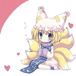  blonde_hair chibi fox_tail hands_in_opposite_sleeves hat heart lowres matsusaka_gyuu multiple_tails oekaki short_hair sitting solo tabard tail touhou wariza yakumo_ran yellow_eyes 