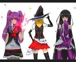  alice-san alternate_costume back blonde_hair contemporary detached_sleeves elbow_gloves gloves hat houraisan_kaguya kirisame_marisa letterboxed long_hair multiple_girls odd_one_out patchouli_knowledge purple_eyes purple_hair thighhighs touhou twintails very_long_hair witch_hat 