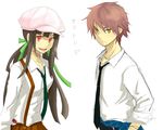  1girl artist_request brown_hair cabbie_hat hair_ribbon hat long_hair necktie poke_ball pokemon red_eyes ribbon skirt smile suspenders translation_request twintails yellow_eyes 