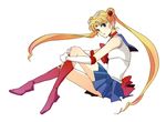  back_bow bad_id bad_pixiv_id bishoujo_senshi_sailor_moon blonde_hair blue_eyes blue_sailor_collar blue_skirt boots bow choker full_body knee_boots long_hair magical_girl red_bow red_choker sailor_collar sailor_moon sailor_senshi_uniform shiro96 simple_background skirt solo tsukino_usagi twintails 