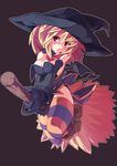  blonde_hair broom broom_riding copyright_request hat ooyama_kina red_eyes solo striped striped_legwear tail thighhighs wings witch_hat 