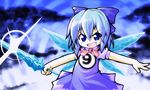  1girl blue_eyes blue_hair bow cirno crystal_sword fang hair_bow ice meta'36 outstretched_arms short_hair solo spread_arms sword touhou weapon wings 