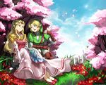  1girl blonde_hair blue_eyes couple earrings elbow_gloves fairy flower gloves hetero jewelry link long_hair muse_(rainforest) nature pointy_ears princess princess_zelda smile the_legend_of_zelda the_legend_of_zelda:_ocarina_of_time tiara 