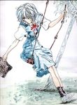  albino ayanami_rei bag black_legwear black_socks blue_eyes blue_hair footwear happy long_skirt neon_genesis_evangelion rain school_uniform seifuku shoes skirt smile socks swing tree trees 