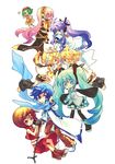  5girls aqua_eyes aqua_hair blonde_hair blue_eyes blue_hair boots brown_eyes brown_hair detached_sleeves everyone fan goggles goggles_on_head green_eyes green_hair gumi hair_ornament hair_ribbon hairclip hatsune_miku headphones headset highres kagamine_len kagamine_rin kaito kamui_gakupo long_hair megurine_luka meiko microphone multiple_boys multiple_girls necktie pink_hair purple_hair ribbon short_hair simple_background skirt smile thighhighs twintails very_long_hair vocaloid yukinell 