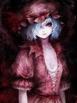  bad_id bad_pixiv_id blue_hair faux_traditional_media flat_chest hair_over_one_eye hat lips neiko nose red_eyes remilia_scarlet short_hair solo touhou 
