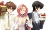  2boys arm_holding black_hair blush brown_hair cake closed_eyes code_geass euphemia_li_britannia flower food formal fruit green_eyes happy happy_birthday kururugi_suzaku lelouch_lamperouge long_hair long_sleeves morinokuma multiple_boys necktie pastry pink_hair purple_eyes rose smile strawberry vest 