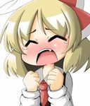  blonde_hair blush closed_eyes fang hair_ribbon mori_181 necktie open_mouth red_neckwear ribbon rumia short_hair solo tears touhou 