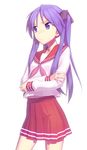  bad_id bad_pixiv_id blush crossed_arms fondolger frown hair_ribbon hands hiiragi_kagami long_hair lucky_star midriff navel pink_neckwear purple_eyes purple_hair ribbon ryouou_school_uniform school_uniform serafuku solo sweat tsurime twintails 