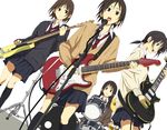  bass_guitar brown_eyes brown_hair cardigan drum drum_set dutch_angle guitar instrument kajiki les_paul long_hair microphone microphone_stand multiple_girls necktie open_mouth original ponytail precision_bass school_uniform short_hair simple_background smile stratocaster 